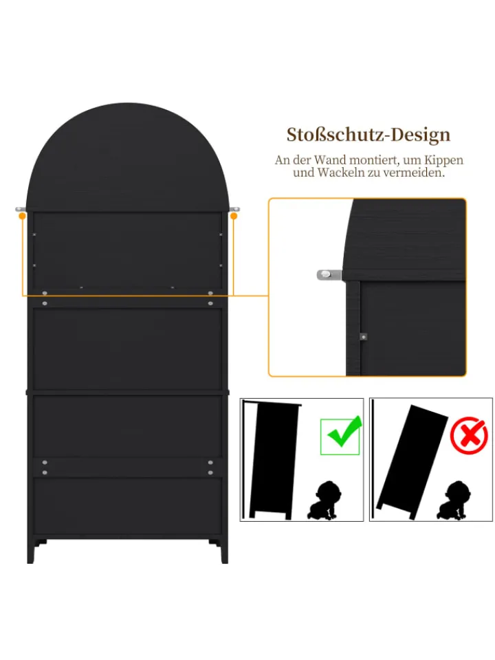 ABRIHOME Regale & Schränke<Bogenschrank in Schwarz mit Schubladen Türen und offenem Regal Hoch