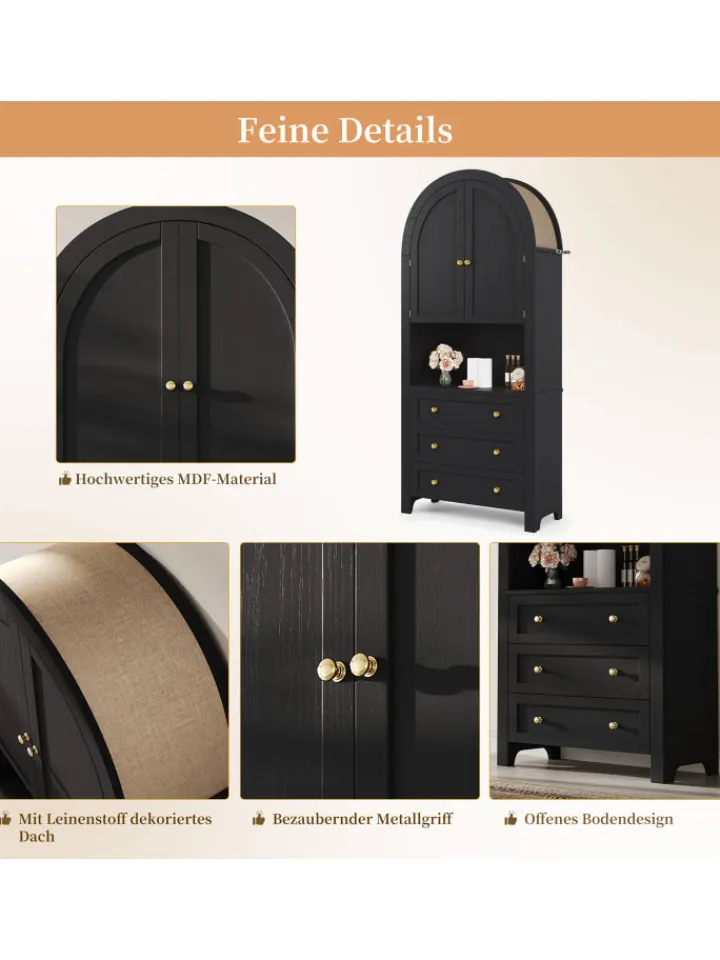 ABRIHOME Regale & Schränke<Bogenschrank in Schwarz mit Schubladen Türen und offenem Regal Hoch