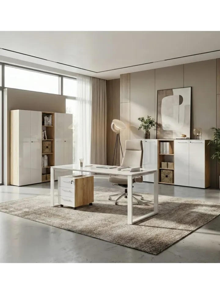 KADIMA DESIGN Möbel-Sets<Büro-Set 2 Schränke & Regal, 240cm breit, Glasfront in Chalet-Eiche-Nb.-Weiß