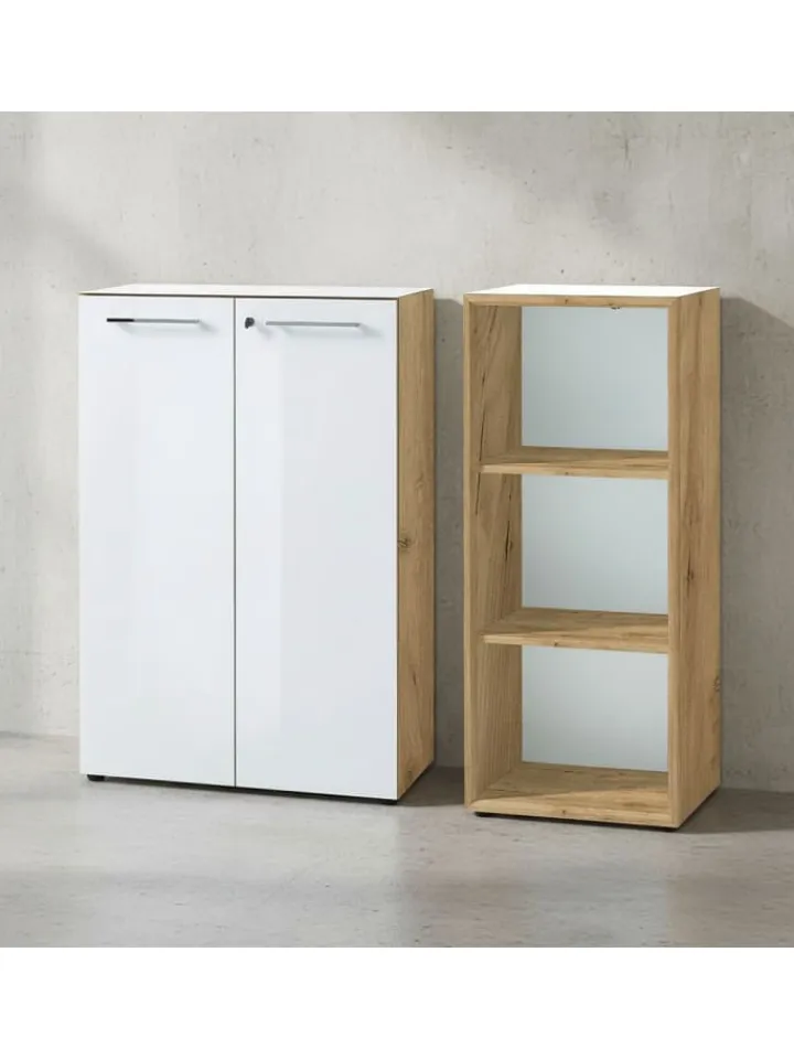 KADIMA DESIGN Möbel-Sets<Büro-Set 2-tlg 120cm hoch Kommode x Regal, Glas Front in Chalet-Eiche-Nb.-Weiß