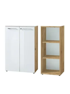 KADIMA DESIGN Möbel-Sets<Büro-Set 2-tlg 120cm hoch Kommode x Regal, Glas Front in Chalet-Eiche-Nb.-Weiß