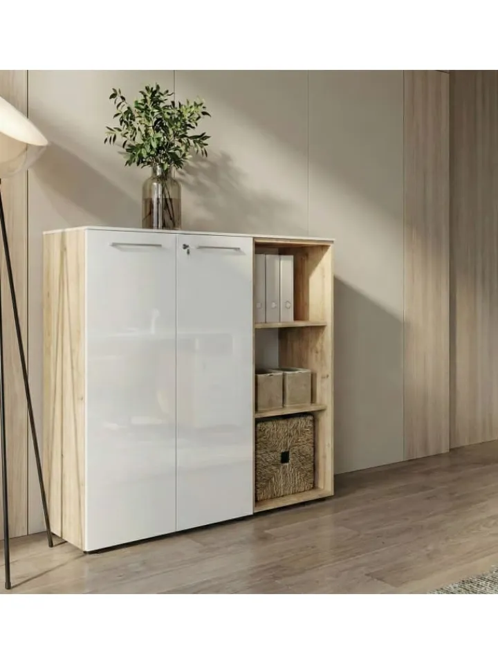 KADIMA DESIGN Möbel-Sets<Büro-Set 2-tlg 120cm hoch Kommode x Regal, Glas Front in Chalet-Eiche-Nb.-Weiß