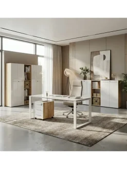 KADIMA DESIGN Möbel-Sets<Büro-Set 2-tlg 120cm hoch Kommode x Regal, Glas Front in Chalet-Eiche-Nb.-Weiß