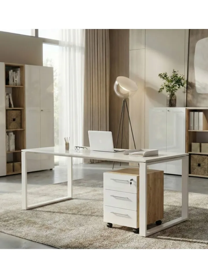 KADIMA DESIGN Möbel-Sets<Büro-Set 2-tlg 120cm hoch Kommode x Regal, Glas Front in Chalet-Eiche-Nb.-Weiß