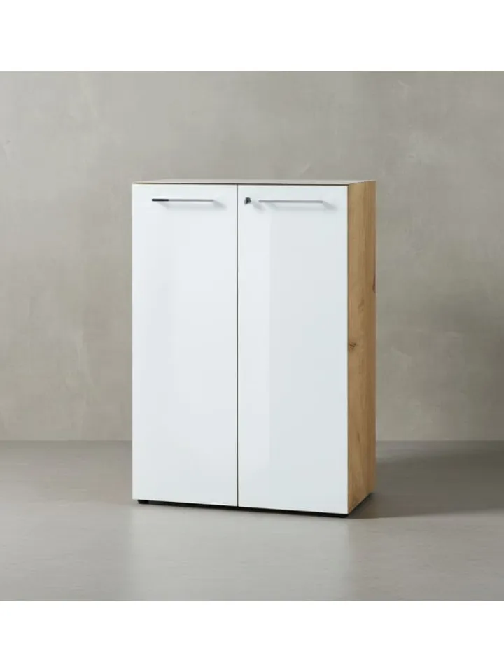 KADIMA DESIGN Möbel-Sets<Büro-Set 2-tlg 120cm hoch Kommode x Regal, Glas Front in Chalet-Eiche-Nb.-Weiß