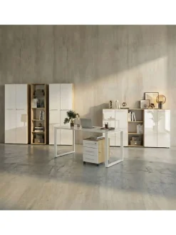 KADIMA DESIGN Möbel-Sets<Büro-Set 8-tlg, Glas Abschließbar Modern Büromöbel in Chalet-Eiche-Nb.-Weiß