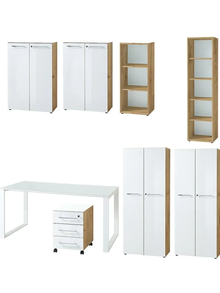 KADIMA DESIGN Möbel-Sets<Büro-Set 8-tlg, Glas Abschließbar Modern Büromöbel in Chalet-Eiche-Nb.-Weiß