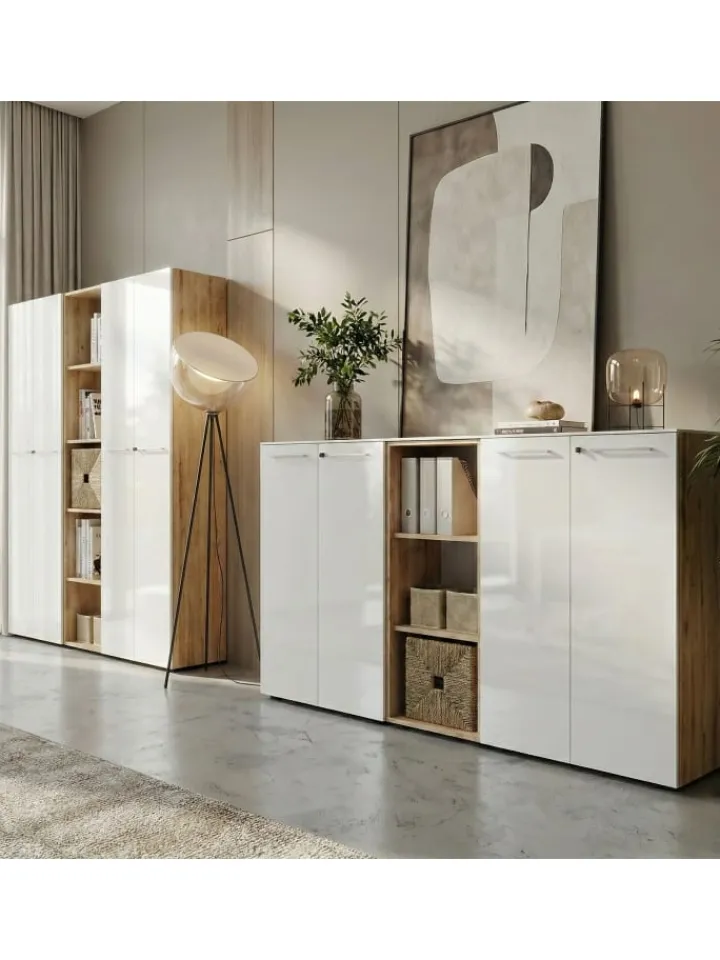 KADIMA DESIGN Möbel-Sets<Büro-Set 8-tlg, Glas Abschließbar Modern Büromöbel in Chalet-Eiche-Nb.-Weiß