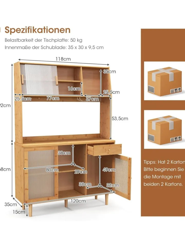 COSTWAY Regale & Schränke<Buffetschrank Bambus in Hellbraun
