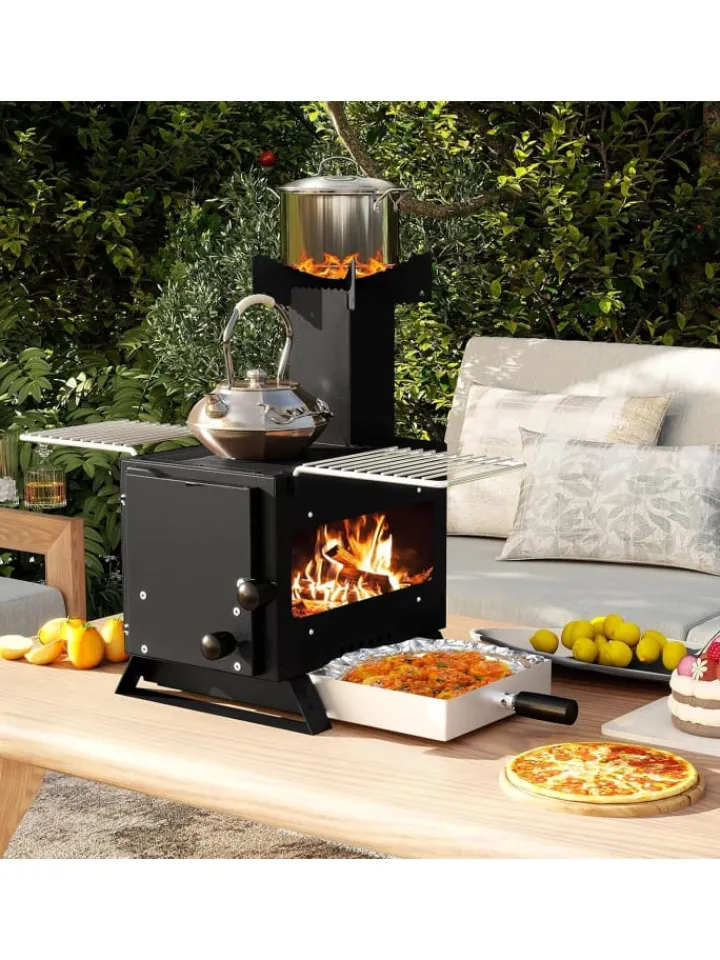 COSTWAY Grillen<Campingofen mit Topfgestell tragbar in Schwarz