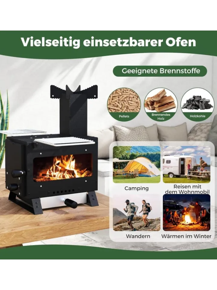 COSTWAY Grillen<Campingofen mit Topfgestell tragbar in Schwarz