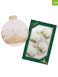 Krebs Glas Lauscha Weihnachtsschmuck<Christbaumkugeln in Weiß/ Gold - 4 Stück - Ø 7 cm