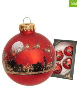 Krebs Glas Lauscha Weihnachtsschmuck<Christbaumkugeln "Santa mit Rentieren" in Rot - 4 Stück - Ø 7 cm