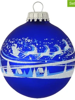 Krebs Glas Lauscha Weihnachtsschmuck<Christbaumkugeln "Winterdorf und Santa" in Blau - 4 Stück