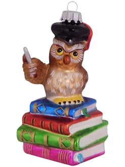 Krebs Glas Lauscha Weihnachtsschmuck<Christbaumornament "Eule als Lehrer auf Bücherstapel" in Bunt - (L)10 cm