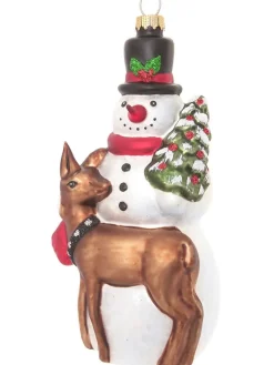 Krebs Glas Lauscha Weihnachtsschmuck<Christbaumornament "Schneemann mit Reh" in Bunt - (L)16 cm