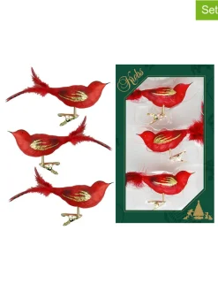 Krebs Glas Lauscha Weihnachtsschmuck<Christbaumornamente "Glasvögel" in Rot/ Gold - 3 Stück
