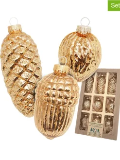 Krebs Glas Lauscha Weihnachtsschmuck<Christbaumornamente "Nüsse & Zapfen" in Gold - 9 Stück