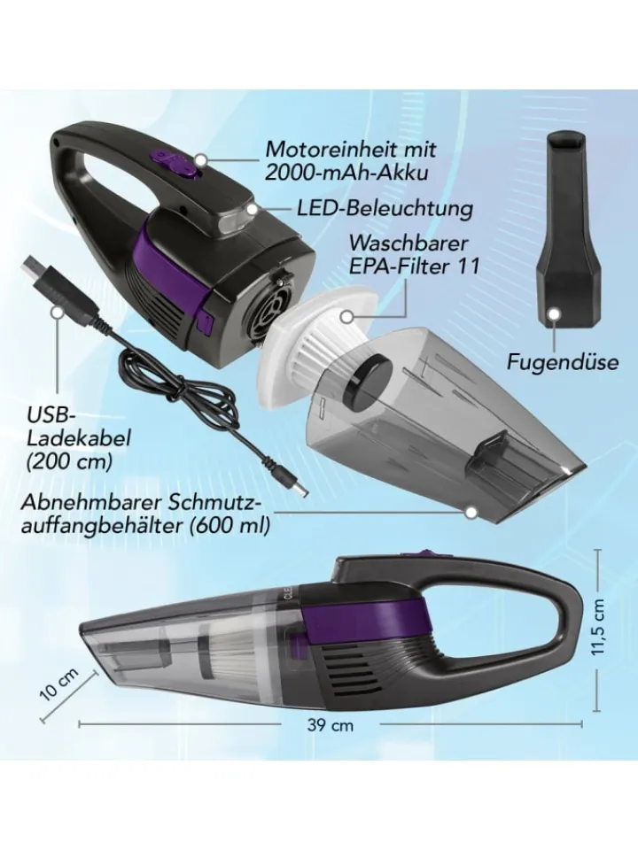 CLEANmaxx Staubsauger<Akku-Handstaubsauger - kabel- & beutellos - mit EPA-Filter & LED-Licht