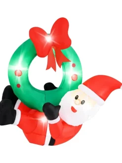 COSTWAY Weihnachtsschmuck<120cm LED Weihnachtsmann mit Kranz in Rot