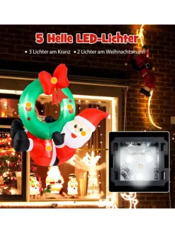 COSTWAY Weihnachtsschmuck<120cm LED Weihnachtsmann mit Kranz in Rot