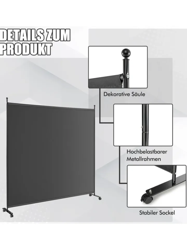 COSTWAY Paravents<184cm Raumteiler auf Rollen in Grau