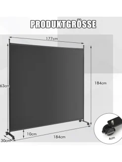 COSTWAY Paravents<184cm Raumteiler auf Rollen in Grau