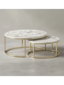 KADIMA DESIGN Tische<Couchtisch 2er-Set | Marmor-Optik Weiß-Gold, Metall, Rund in Gold