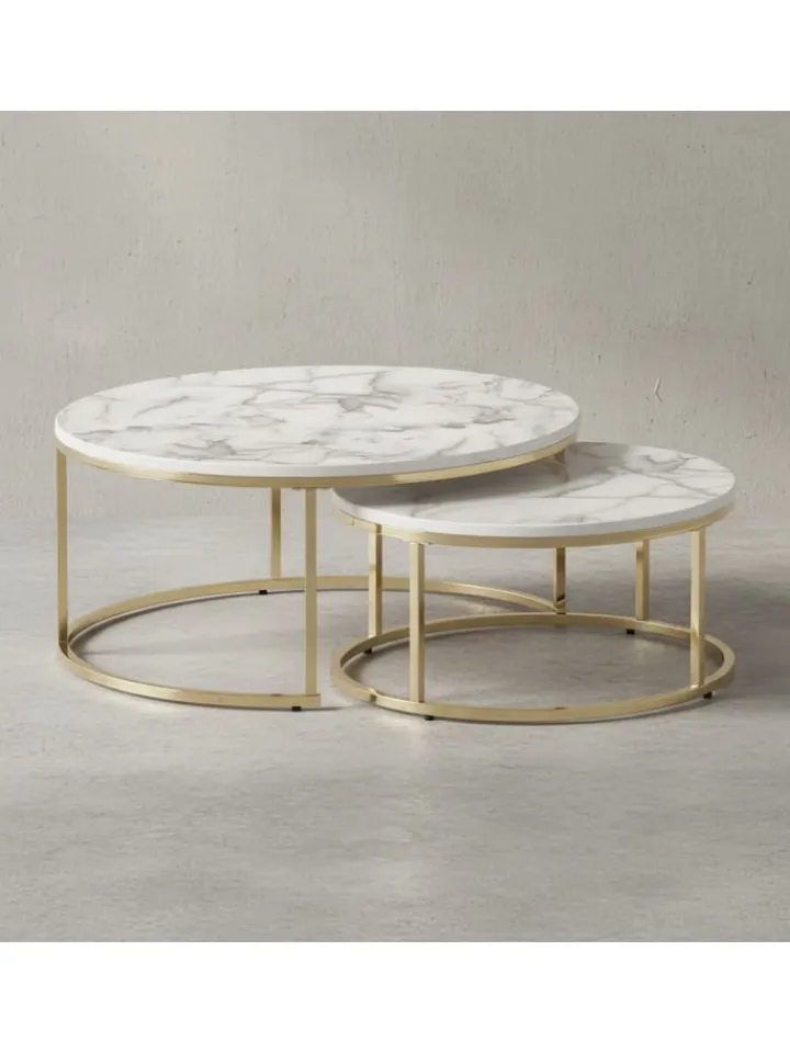 KADIMA DESIGN Tische<Couchtisch 2er-Set | Marmor-Optik Weiß-Gold, Metall, Rund in Gold