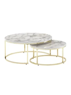 KADIMA DESIGN Tische<Couchtisch 2er-Set | Marmor-Optik Weiß-Gold, Metall, Rund in Gold