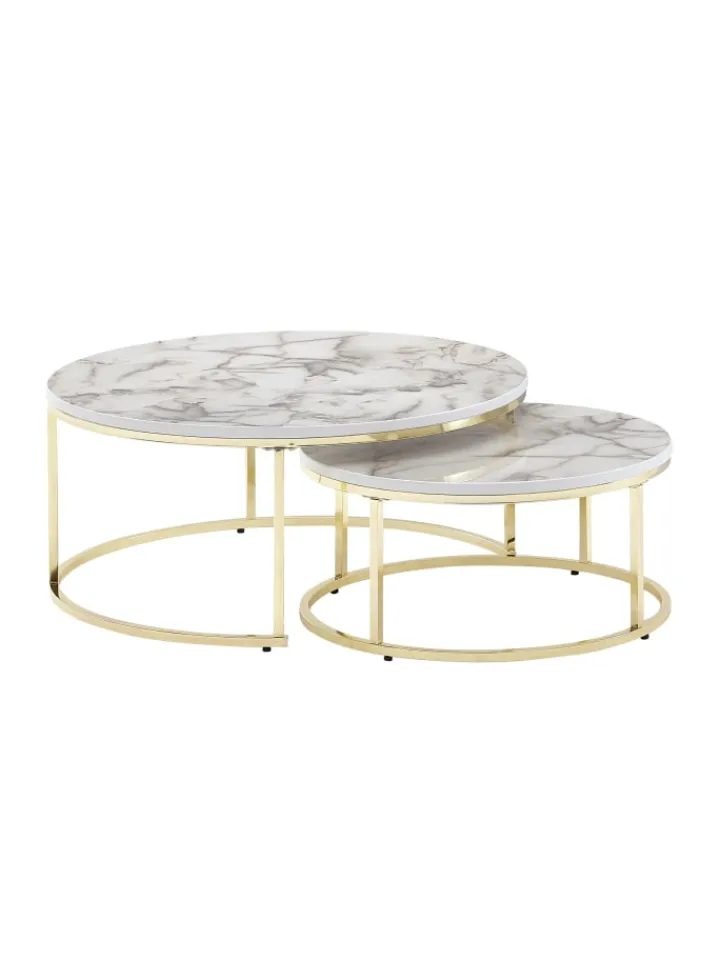 KADIMA DESIGN Tische<Couchtisch 2er-Set | Marmor-Optik Weiß-Gold, Metall, Rund in Gold