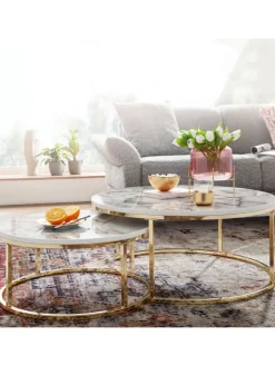 KADIMA DESIGN Tische<Couchtisch 2er-Set | Marmor-Optik Weiß-Gold, Metall, Rund in Gold