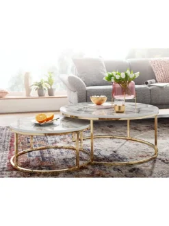 KADIMA DESIGN Tische<Couchtisch 2er-Set | Marmor-Optik Weiß-Gold, Metall, Rund in Gold