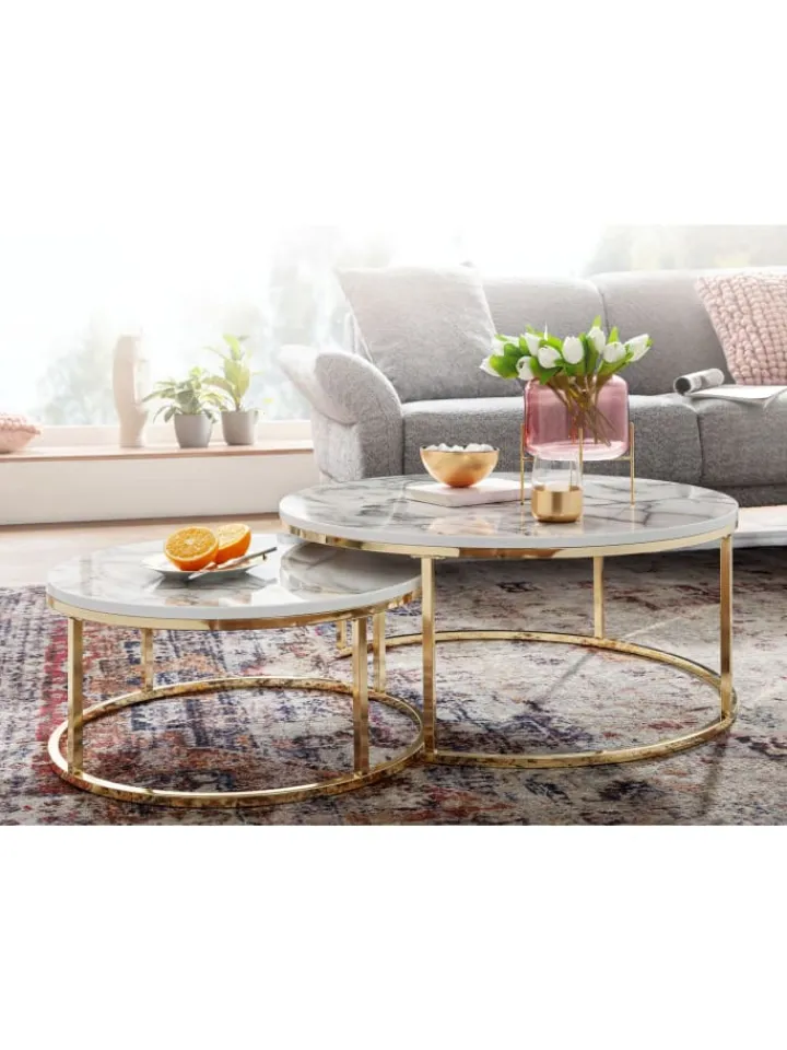 KADIMA DESIGN Tische<Couchtisch 2er-Set | Marmor-Optik Weiß-Gold, Metall, Rund in Gold
