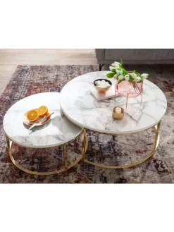 KADIMA DESIGN Tische<Couchtisch 2er-Set | Marmor-Optik Weiß-Gold, Metall, Rund in Gold