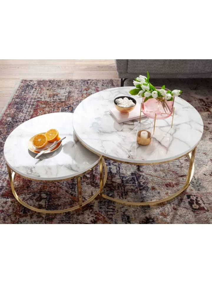 KADIMA DESIGN Tische<Couchtisch 2er-Set | Marmor-Optik Weiß-Gold, Metall, Rund in Gold