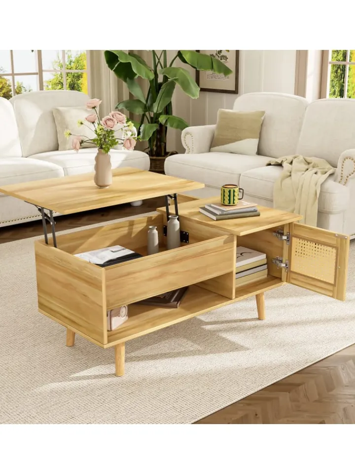ABRIHOME Tische<Couchtisch in Braun mit anhebbarer Platte und Rattantüren Stauraum Funktion