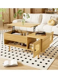 ABRIHOME Tische<Couchtisch in Braun mit anhebbarer Platte und Rattantüren Stauraum Funktion