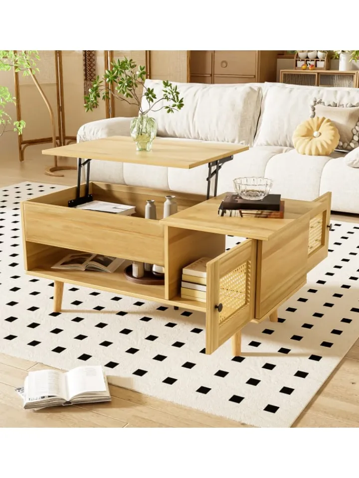 ABRIHOME Tische<Couchtisch in Braun mit anhebbarer Platte und Rattantüren Stauraum Funktion