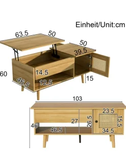ABRIHOME Tische<Couchtisch in Braun mit anhebbarer Platte und Rattantüren Stauraum Funktion