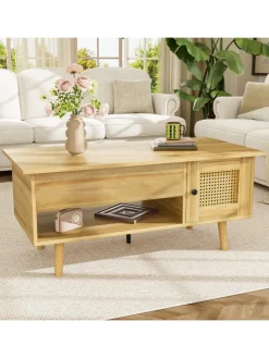 ABRIHOME Tische<Couchtisch in Braun mit anhebbarer Platte und Rattantüren Stauraum Funktion