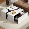 ABRIHOME Tische<Couchtisch mit Schublade in Weiß, Würfelform & Marmoroptik
