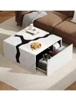 ABRIHOME Tische<Couchtisch mit Schublade in Weiß, Würfelform & Marmoroptik