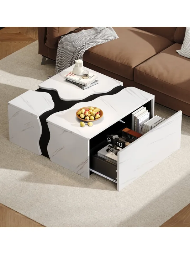 ABRIHOME Tische<Couchtisch mit Schublade in Weiß, Würfelform & Marmoroptik