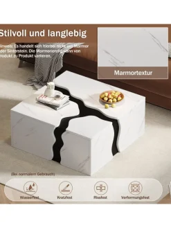 ABRIHOME Tische<Couchtisch mit Schublade in Weiß, Würfelform & Marmoroptik