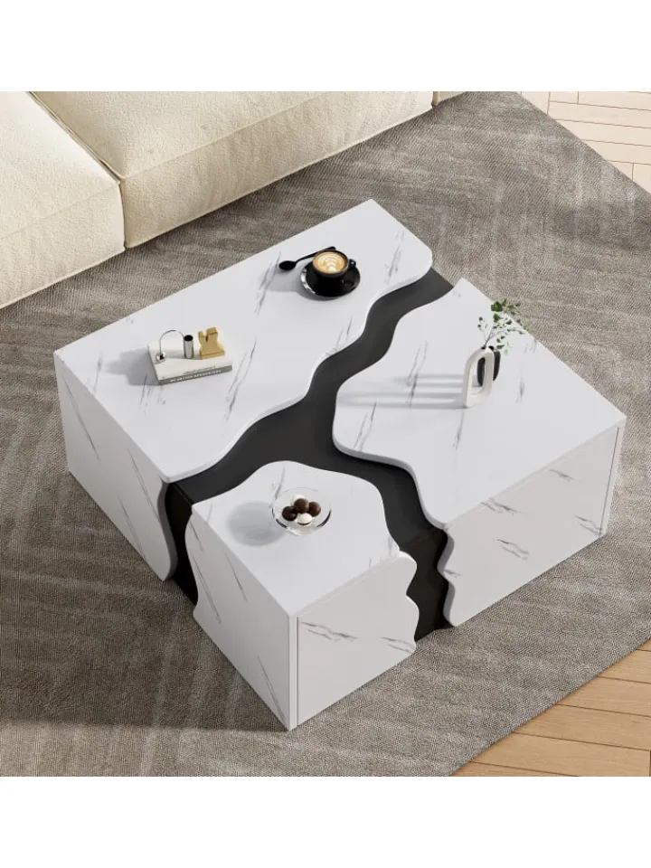 ABRIHOME Tische<Couchtisch mit Schublade in Weiß, Würfelform & Marmoroptik