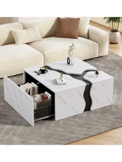 ABRIHOME Tische<Couchtisch mit Schublade in Weiß, Würfelform & Marmoroptik