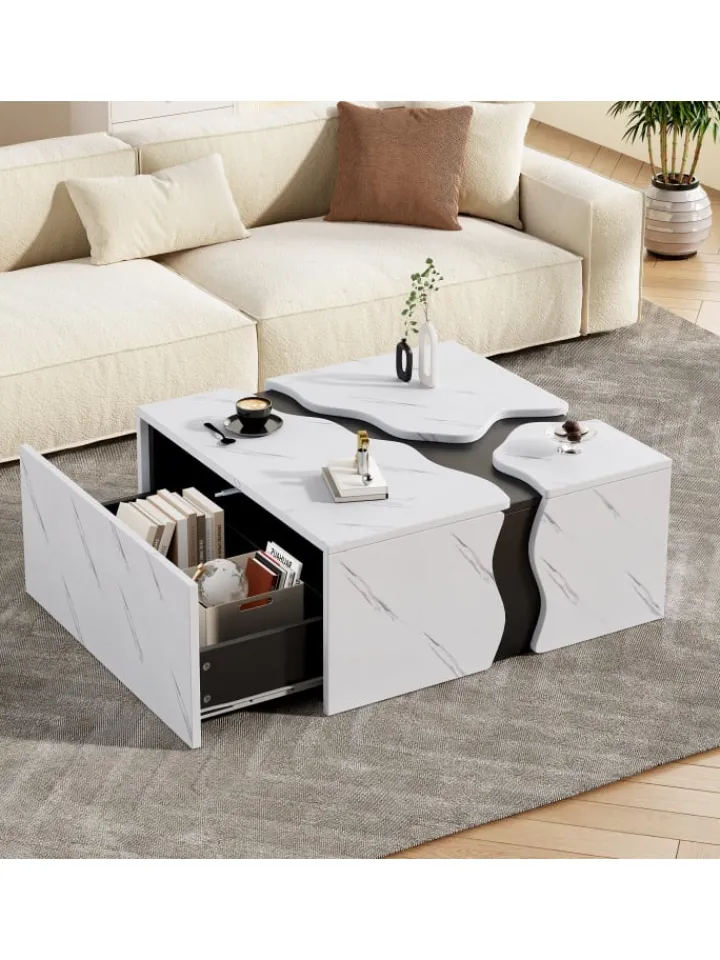 ABRIHOME Tische<Couchtisch mit Schublade in Weiß, Würfelform & Marmoroptik