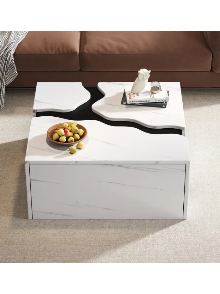 ABRIHOME Tische<Couchtisch mit Schublade in Weiß, Würfelform & Marmoroptik