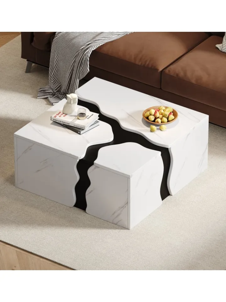 ABRIHOME Tische<Couchtisch mit Schublade in Weiß, Würfelform & Marmoroptik